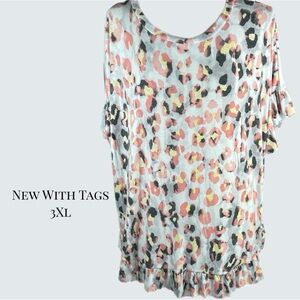 NWT Glitzy Girlz Under the Sun Coral Watercolor Leopard Print Top 3XL